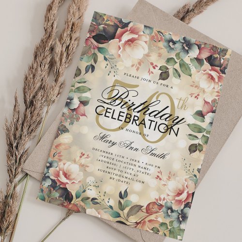 Elegant 50th Birthday Glam Gold Floral Lights Invitation
