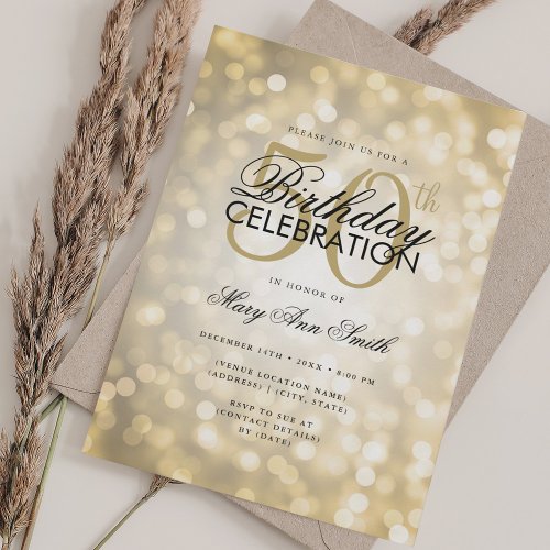 Elegant 50th Birthday Glam Gold Shimmer Lights Invitation