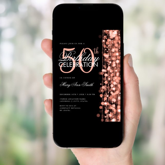 Elegant 50th Birthday Glam Sparkle Rose Gold Black Invitation (Front Digital)