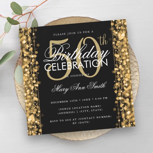 Elegant 50th Birthday Glam Sparkles Gold  Black Invitation