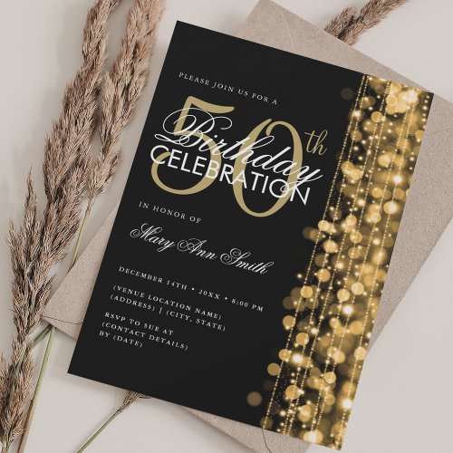 Elegant 50th Birthday Glam Sparkles Gold  Black Invitation