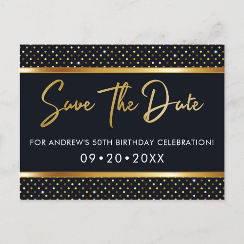 Elegant 50th Birthday Gold And Black Save The Date Postcard