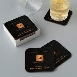 Elegant 50th birthday gold black 50 years name square paper coaster<br><div class="desc">50 years old birthday party luxury elegant black leather looking (PRINTED,  NOT REAL LEATHER) custom paper coaster featuring a gold faux metallic square and personalized any age milestone,  text,  and name signature.           Suitable as a party supply,  thank you favor,  or as a save the date.</div>
