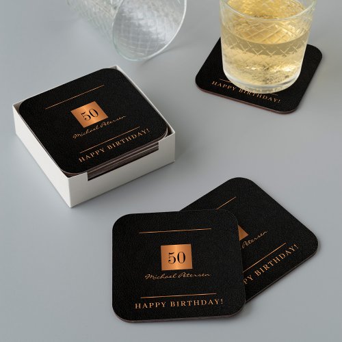 Elegant 50th birthday gold black 50 years name square paper coaster