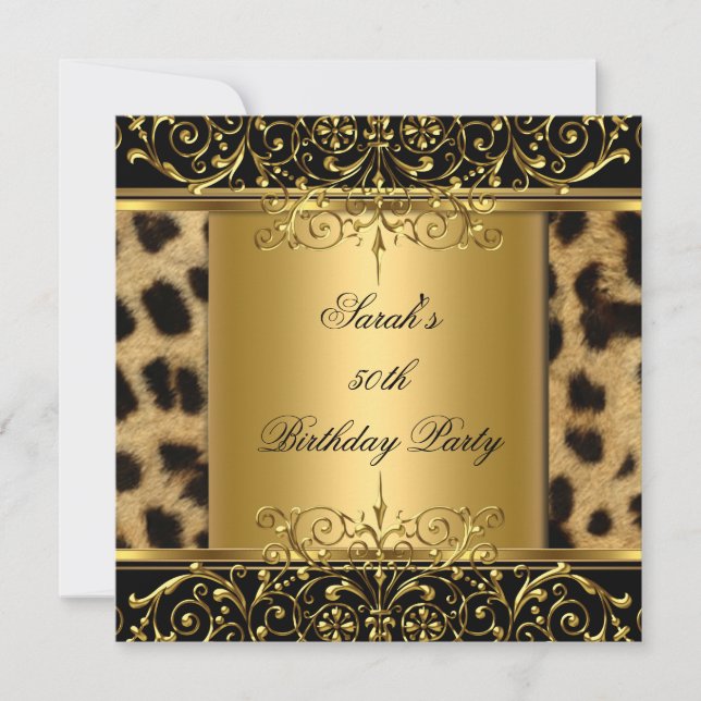 Elegant 50th Birthday Gold Black Leopard Invitation (Front)