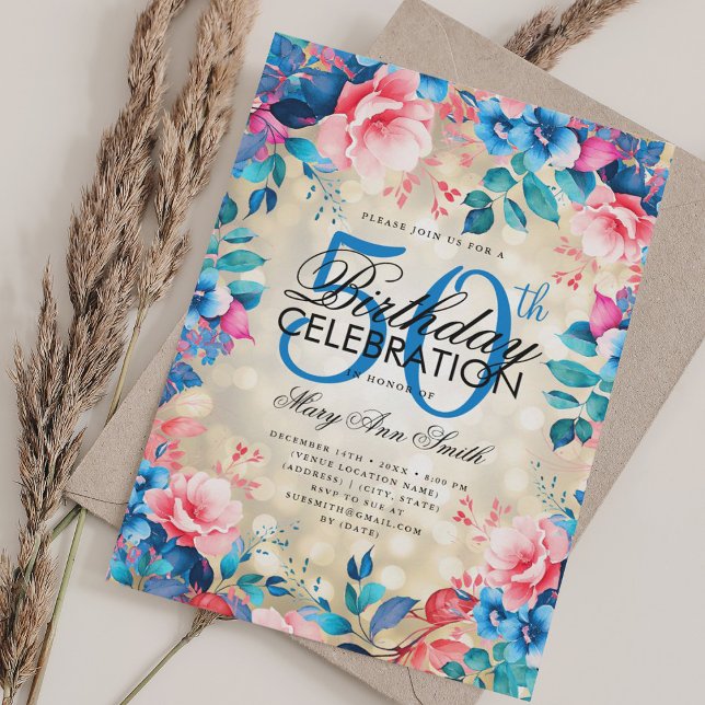 Elegant 50th Birthday Gold Blue Pink Floral Lights Invitation (Elegant 50th Birthday Gold Blue Pink Floral Lights Invitation)