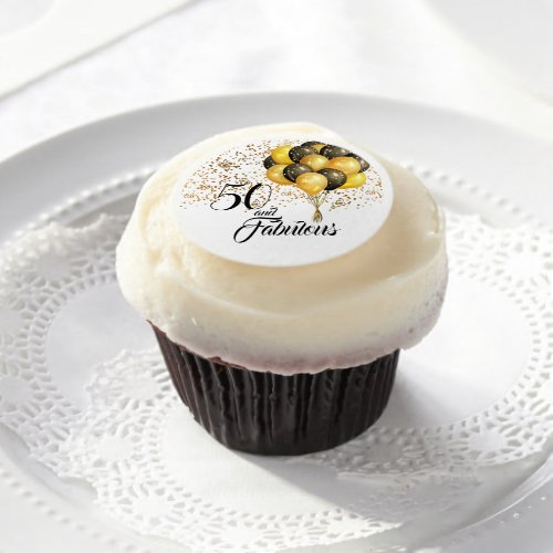 Elegant 50th Birthday Gold Confetti Black Text Edible Frosting Rounds