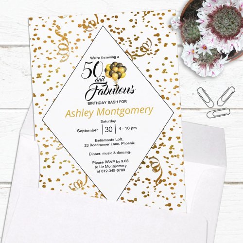 Elegant 50th Birthday Gold Confetti Black Text Invitation