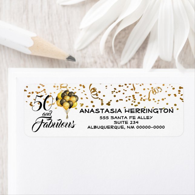 Elegant 50th Birthday Gold Confetti Black Text Label (Insitu)