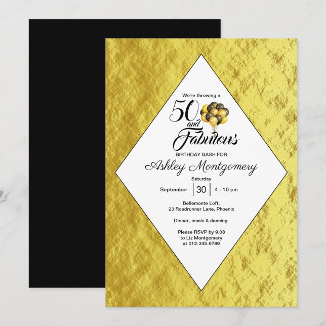 Elegant 50th Birthday Gold Foil Black Typography Invitation (Front/Back)