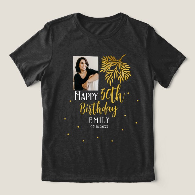 Elegant 50th Birthday Gold Foliage Photo Party Tri-Blend Shirt (Design Front)