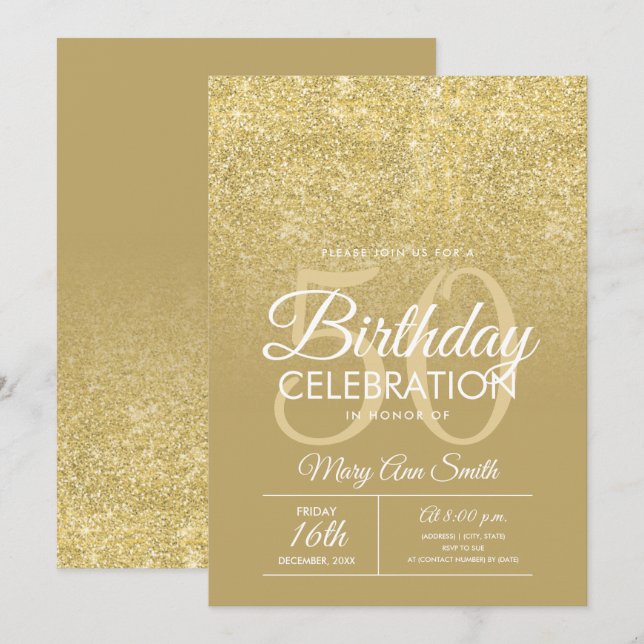 Elegant 50th Birthday Gold Glitter Glam Invitation (Front/Back)