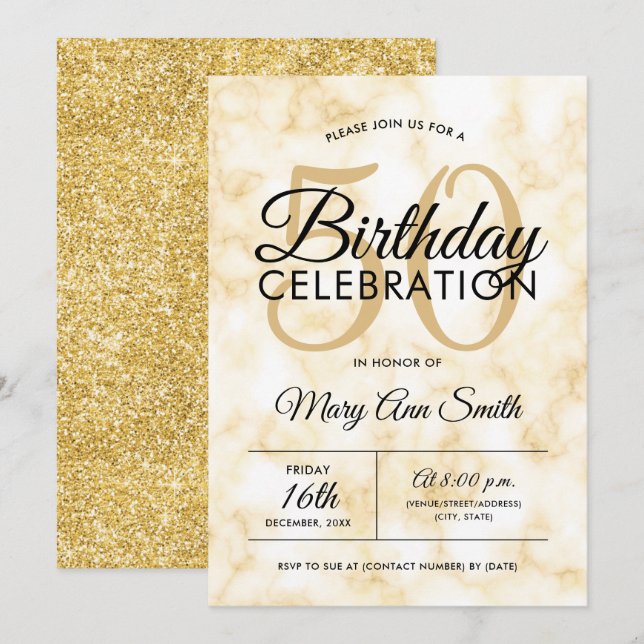 Elegant 50th Birthday Gold Marble Glam Invitation (Front/Back)