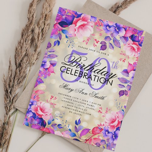 Elegant 50th Birthday Gold Purple Floral Lights Invitation