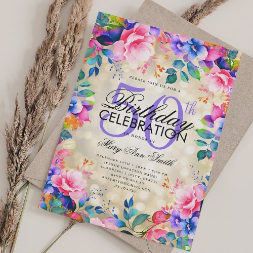 Elegant 50th Birthday Gold Rainbow Floral Lights Invitation