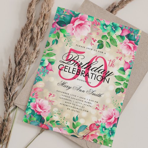 Elegant 50th Birthday Gold Spring Summer Floral  Invitation