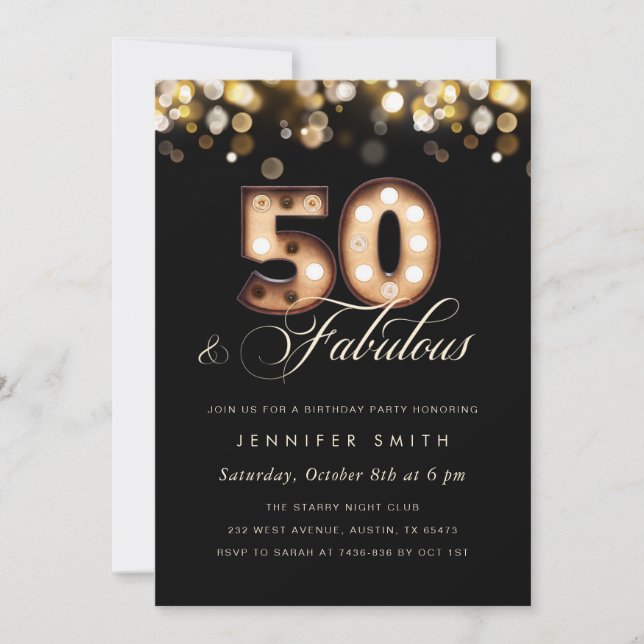 Elegant 50th Birthday Invitation Black and Gold (Front)