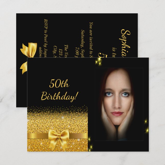 Elegant 50th birthday invitation black gold photo (Front/Back)