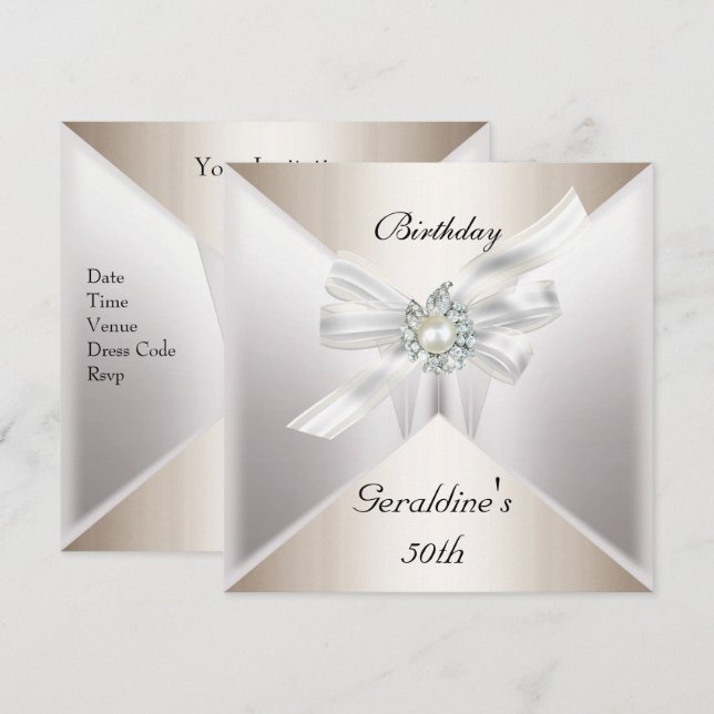 Elegant 50th Birthday Invite Pearl White Beige (Front/Back)