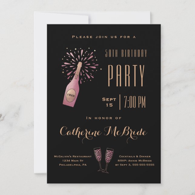 Elegant 50th Birthday Party Black Gold Champagne Invitation (Front)
