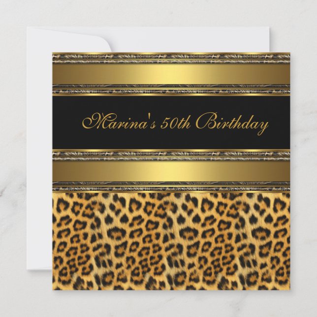 Elegant 50th Birthday Party Black Gold Cheetah 2 Invitation (Front)