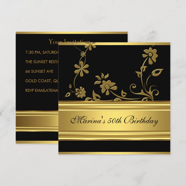 Elegant 50th Birthday Party Black Gold Floral 2 Invitation (Front/Back)