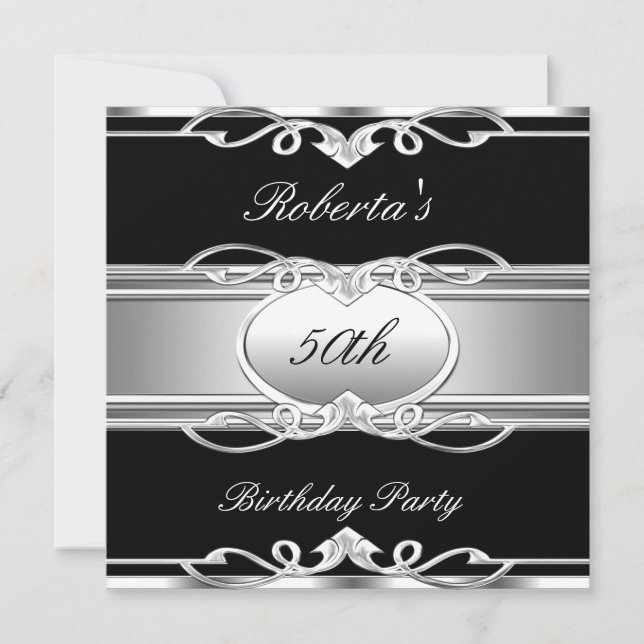 Elegant 50th Birthday Party Black Silver 50 Invitation (Front)
