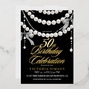 Elegant 50th Birthday Party Black & White Gold Foil Invitation