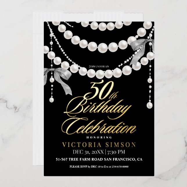  Elegant 50th Birthday Party Black & White Gold Foil Invitation (Envelope)