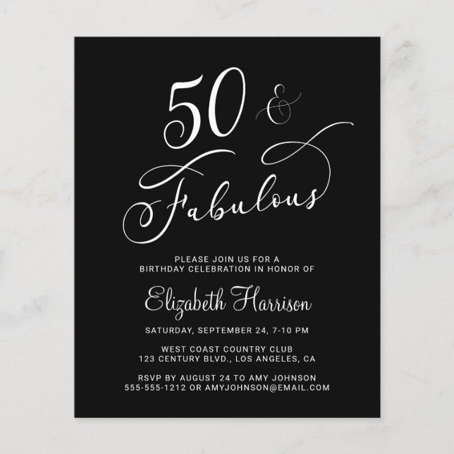 Elegant 50th Birthday Party Budget Invitation (Front)