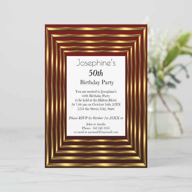 Elegant 50th Birthday Party Burgundy Gold White Invitation (Standing Front)
