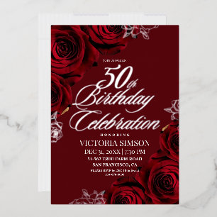 Elegant 50th Birthday Party Burgundy & Silver Foil Invitation