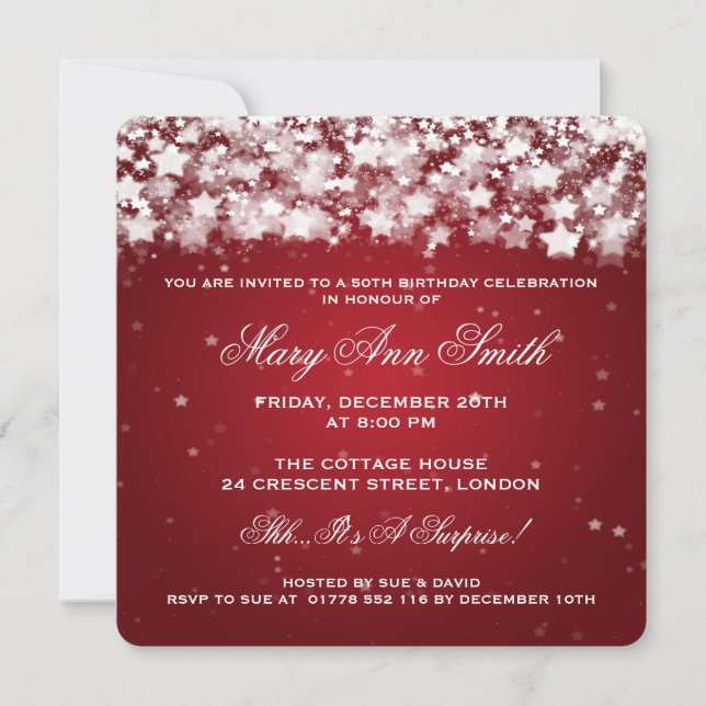 Elegant 50th Birthday Party Dazzling Stars Red Invitation (Front)