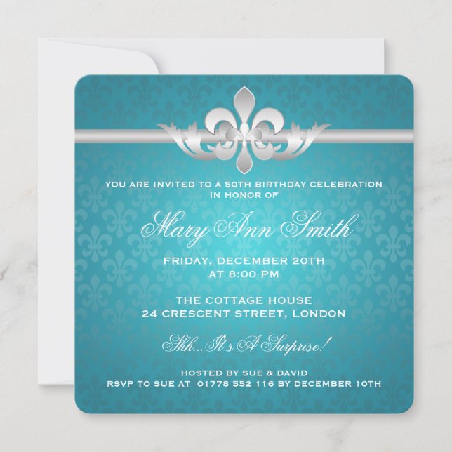 Elegant 50th Birthday Party Fleur De Lis Turquoise Invitation (Front)