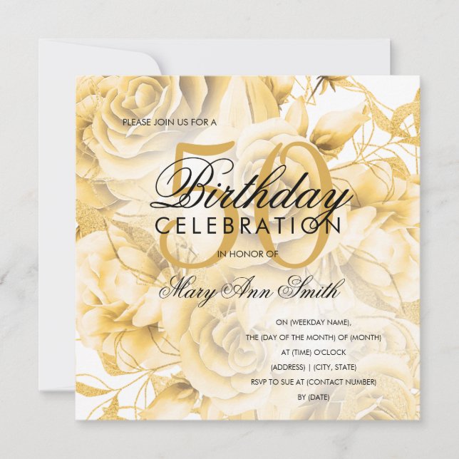 Elegant 50th Birthday Party Floral Gold  (Front)