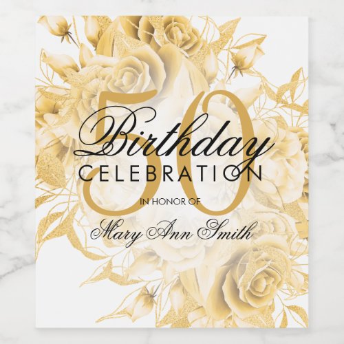 Elegant 50th Birthday Party Floral Gold White  Wine Label