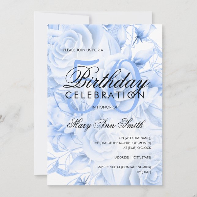 Elegant 50th Birthday Party Floral Navy White Invitation (Front)