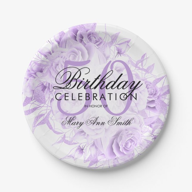 Elegant 50th Birthday Party Floral Purple White Paper Plates (Front)
