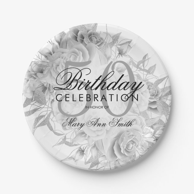 Elegant 50th Birthday Party Floral Silver White Paper Plates (Front)