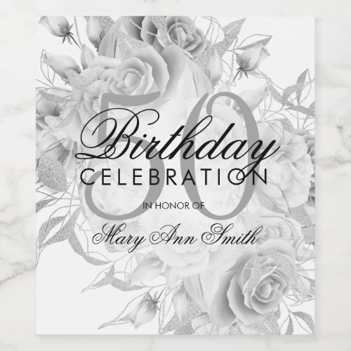 Elegant 50th Birthday Party Floral Silver White Wine Label