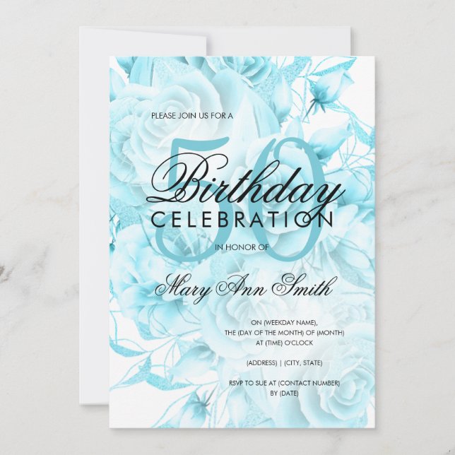 Elegant 50th Birthday Party Floral Teal White Invitation (Front)