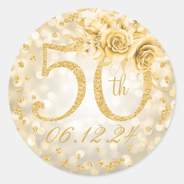 Elegant 50th Birthday Party Glam Lights Gold Classic Round Sticker (Front)