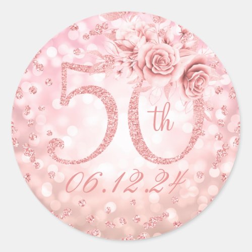 Elegant 50th Birthday Party Glam Lights Rose Gold Classic Round Sticker
