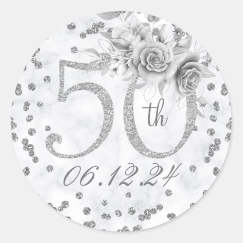 Elegant 50th Birthday Party Glam Marble Silver  Classic Round Sticker