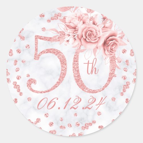 Elegant 50th Birthday Party Glam Rose Gold Marble  Classic Round Sticker