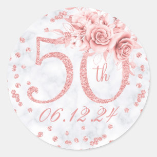 Elegant 50th Birthday Party Glam Rose Gold Marble Classic Round Sticker