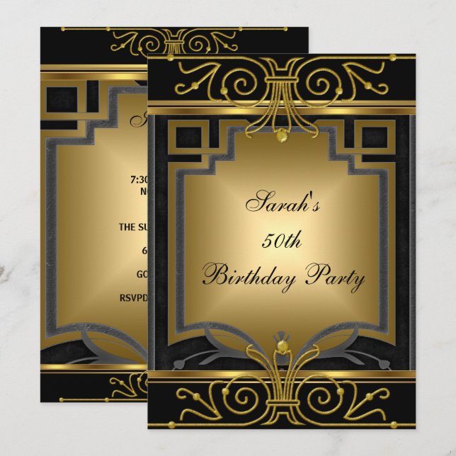 Elegant 50th Birthday Party Gold Black Art Deco Invitation (Front/Back)