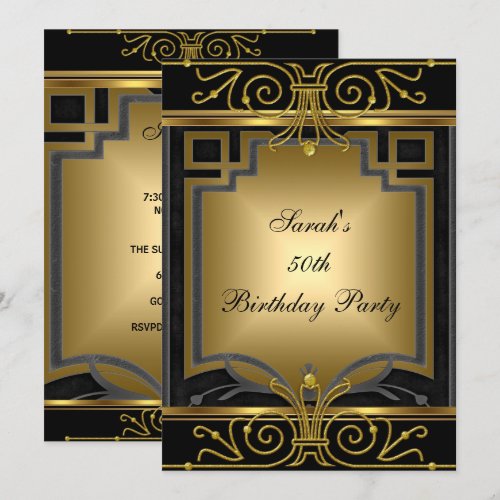 Elegant 50th Birthday Party Gold Black Art Deco Personalized Invitations