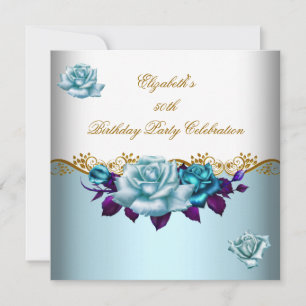 Elegant 50th Birthday Party Gold Blue Roses Invitation