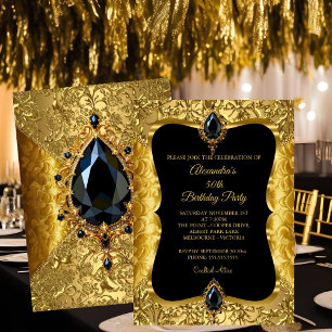 Elegant 50th Birthday Party Gold Floral Gold Black Invitation